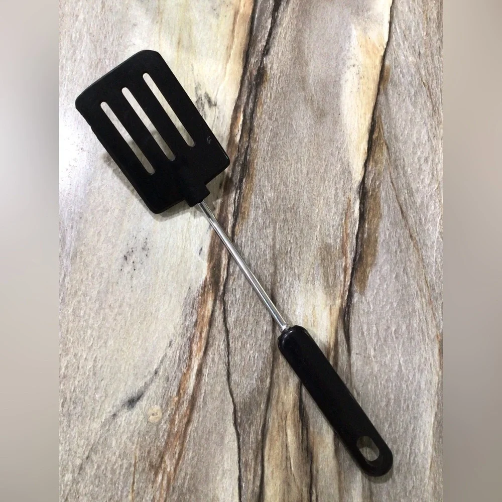 Vintage MCM Black Plastic Slotted Spatula Utensil 12” Retro Kitchen.